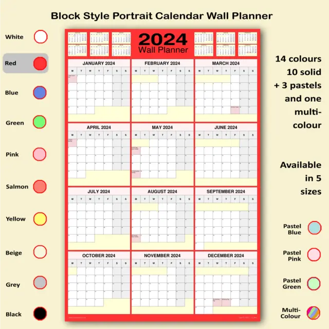 2024 year wall planner block calendar style portrait 14 colours 5 sizes [Type FP