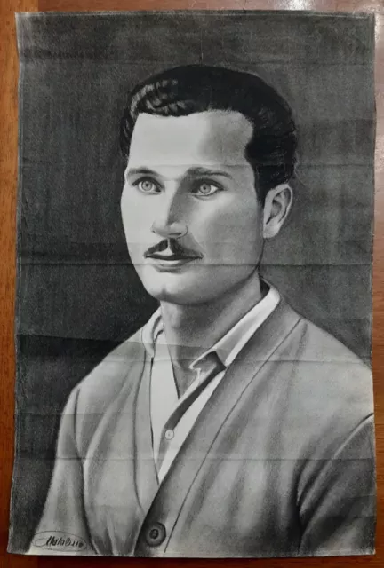 Dipinto Ritratto In Carboncino, Su Carta, Pittore Natalino