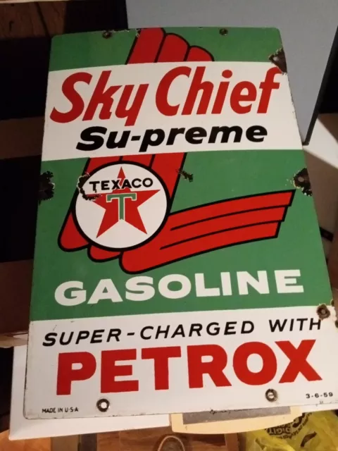 Vintage 12"x18" TEXACO Sky Chief Gasoline Porcelain Sign 3-6-59
