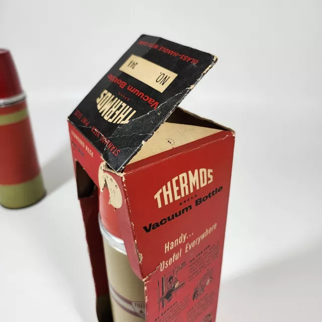 2 Vintage Thermos Vacuum Bottles Polly Red Top One Pint No 23 Box 2234 Aladdin 2