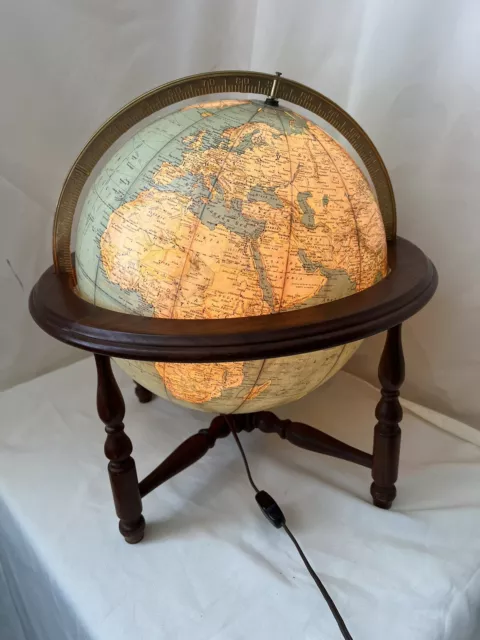 VINTAGE RAND MCNALLY World Globe Lamp In Wooden Stand 15 X 17
