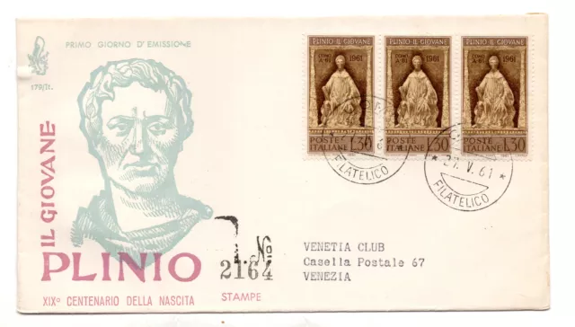 Italia FDC Venetia 1961 Plinio striscia di tre viaggiata Racc. per l'Italia