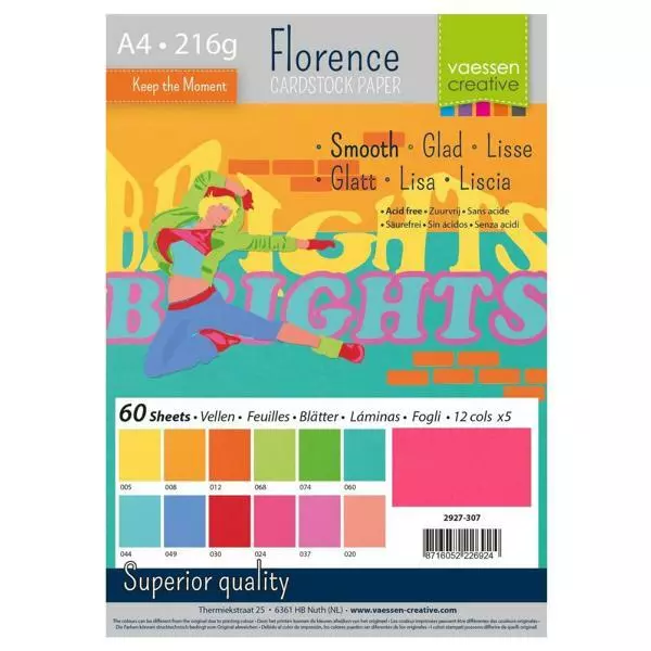 Vaessen Creative Florence Cardstock Papier - Brights 12 Farben 60 Blätter A4