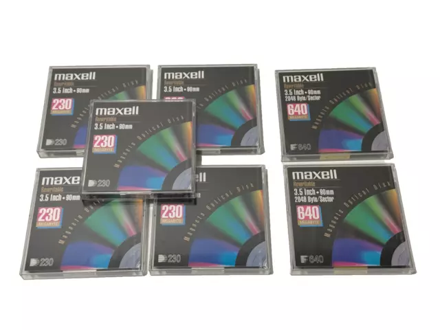 Lot 5 Diquettes Disk Magneto Optique 3P 1/2" 3.5" 230 Mb + 2 Disquettes 640 Mb