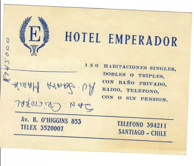 MK-185 Chile Santiago Hotel Emperador Information Card Vintage