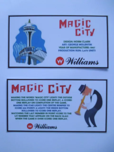 * * 'MAGIC CITY' Williams 1967 Custom Instruction/Apron Cards * * (New)