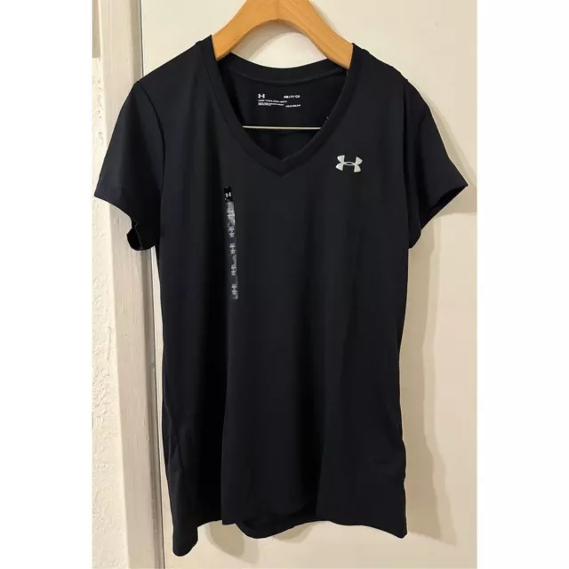 Under Armour Womens Loose Fit Heatgear V Neck Short Sleeve Top Black Small NWT