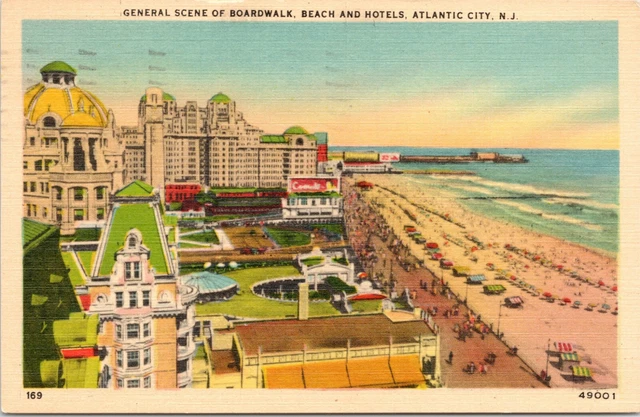 C1944 Atlantic City NJ Aerial View Boardwalk & Hotels New Jersey Postcard 635
