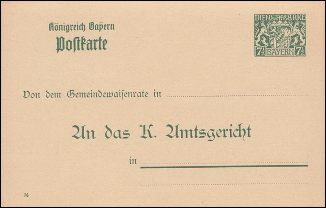 Bayern Dienstpostkarte/Behörde DPB 7/01 Wappen 7,5 / 7,5 Pf. DV 16, grün, ** 2