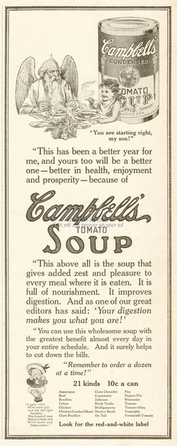 1912 Campbell's Tomato Soup Kid Father Time Baby New Year Kitchen Wall Decor Ad