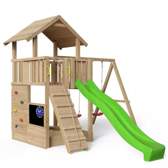 Spielturm Mia Swing  - natürlich Lärchenholz - mit Kletterwand, Rampe und Tafel