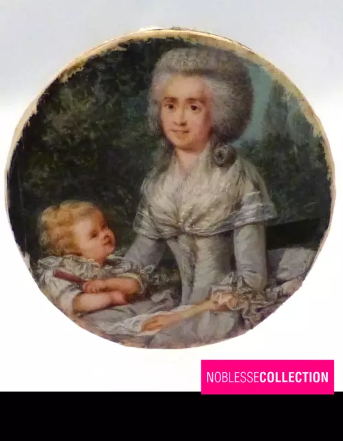 ANTIQUE END 18th CENTURY FRENCH HAND PAINTED MINIATURE MOTHER & CHILD PORTRAIT