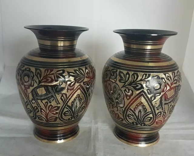 Pair of Beautiful Decorative Orential Brass Vases (Height - 16.5 cm)