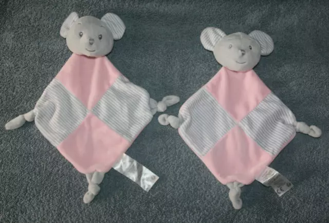 Tom & Kiddy Bisous D'ange 2 Doudou Souris Plat Grelot Gris Rose Raye Noeuds Kom9