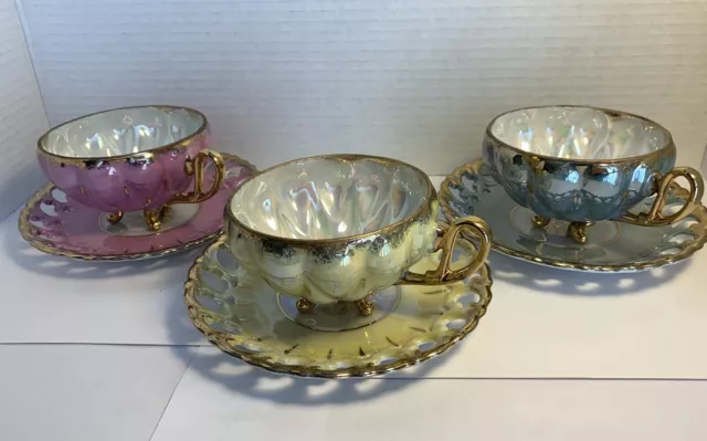 Set Of 3 Tea Cups Footed & Saucers Lusterware Mint /Vintage Japan￼ ByRoyal Sealy 2