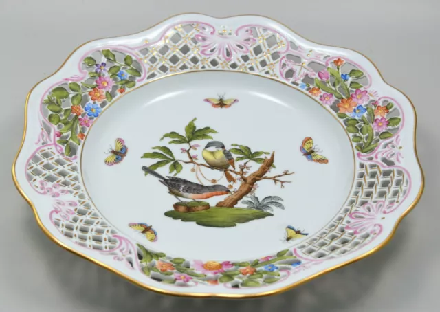 HEREND Rothschild Prunkschale Durchbruch Teller 8406/RO 4 Insekten Vögel plate