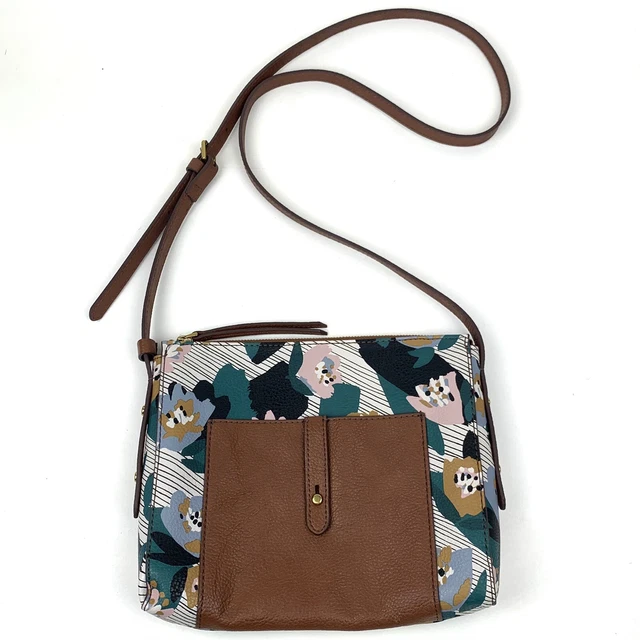 Fossil Crossbody Purse Zip Top Leather Floral Print Cognac Brown Leather Medium