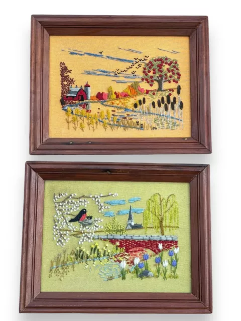 Vintage Fall & Springs Landscape, Crewel Embroidery 2 scenes