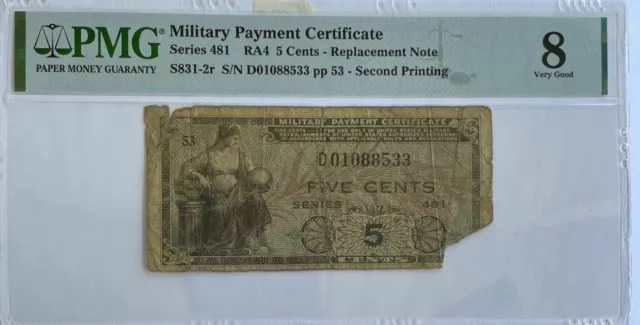 US Military Payment Certificate, Series 481, #S831-2r, Replacement, PMG 8