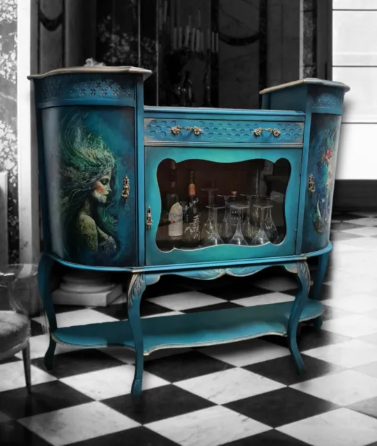 Ornate Alcohol Cabinet Blue Teal Upcycled Hand Painted Vintage Cocktail Cabinet