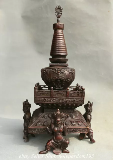 16" Old Tibet Tibetan Bronze Temple Stupa Pagoda Tower Statue Sculpture