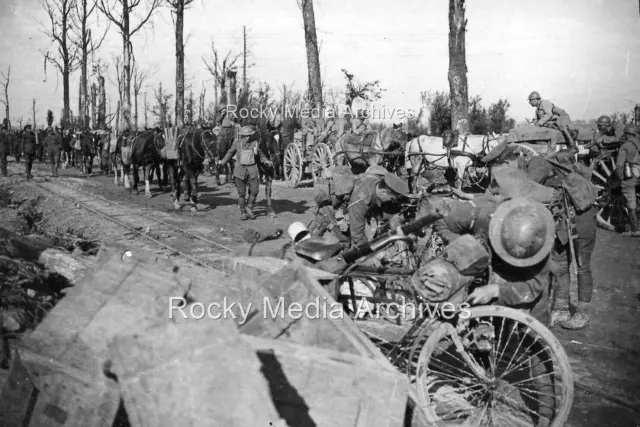 Iqw-34 WWI, British Soldiers Marching France, Mules & French Wagons. Photo