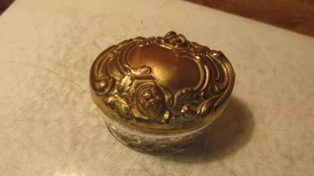 Antique Pressed Glass Dresser Box & Brass Finish Lid- Art Nouveau