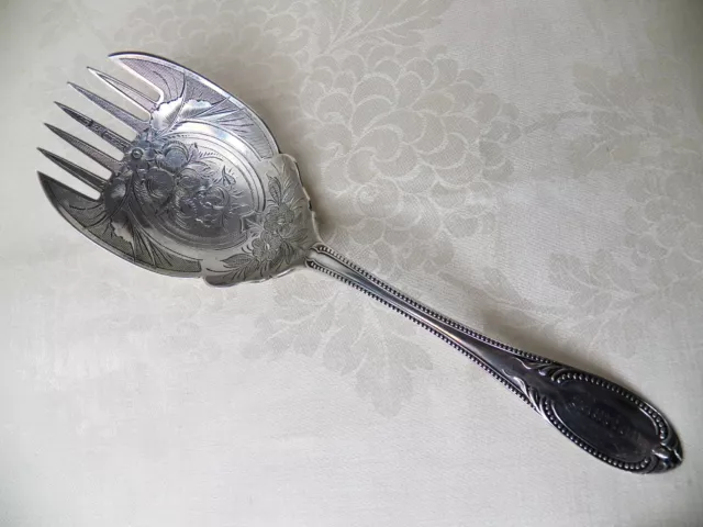 Coin Silver Large Etched Serving Fork/Spoon Marked H. Hotchkiss 10" Monogram
