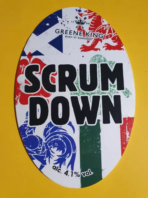 GREENE KING brewery SCRUM DOWN real ale beer pump clip badge rugby Suffolk