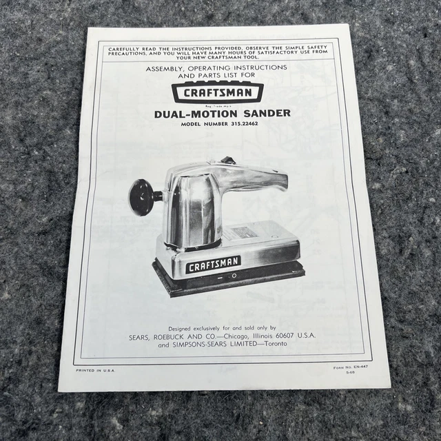 1968 SEARS CRAFTSMAN Sander Dual Motion Vintage Owners Manual 315.22462 ...