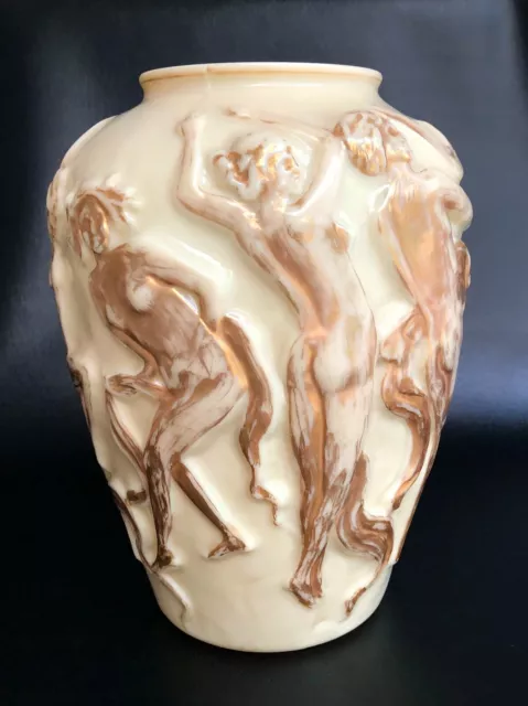 Consolidated Glass Co (not Phoenix ) Satyr & Dancing Nudes Vase, nearly 12" 3