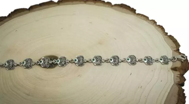 925 Taxco Mexican Silver Flounder Fish Bracelet with Green Zircon - 7"L