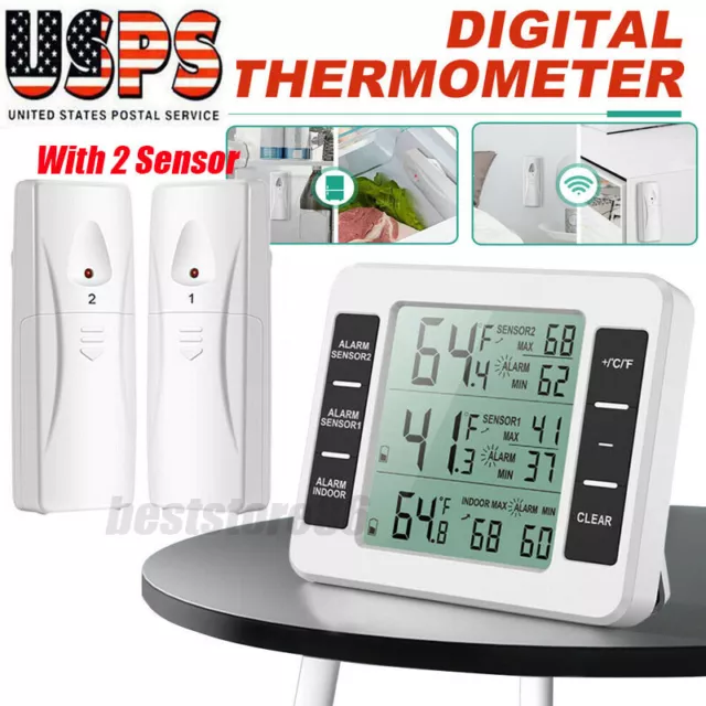 2 Sensor Wireless Digital Refrigerator Freezer Thermometer Alarm Low Temperature