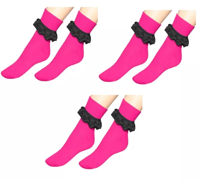 3 pairs of Pink Crew Length Socks  &Black Frilly Lace Girls Ladies Foot Size 4-7