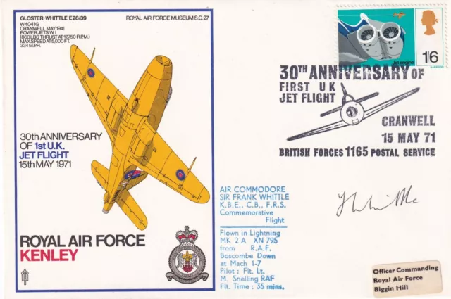 RAF Kenley Signed by Sir Frank Whittle. Flown in Lightning. 1/6 jet engine stamp