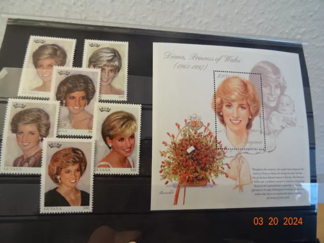 Guyana 1997, Princess Diana 1 block + 6 brands, see description and pictures