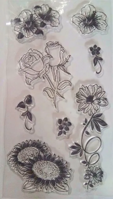 8 Clear Silicone Stamp Sunflower Rose Hibiscus Card Making Scrapbooking Journal