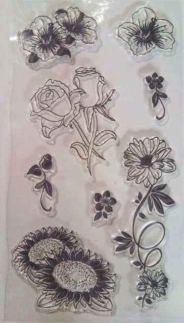 8 Clear Silicone Stamp Sunflower Rose Hibiscus Card Making Scrapbooking Journal