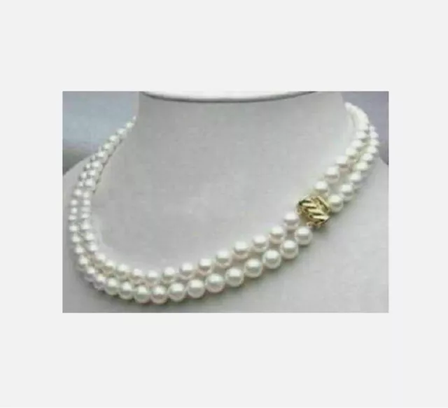 18" Double strands AAAAA 7-8mm natural Akoya white pearl necklace 14K GOLD CLASP