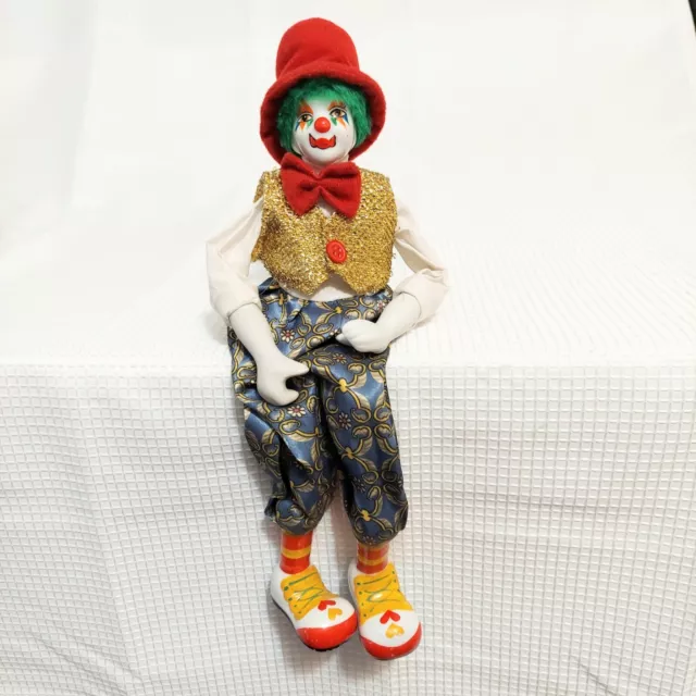 Vintage Ganz Clown Doll Shelf Sitter Porcelain Poseable Fabric Green Hair