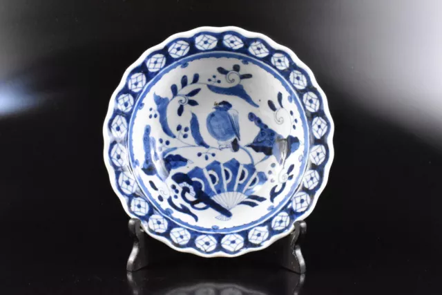 F7262: Japanese Old Imari-ware Blue&White Flower Bird Muffle DESSERT BOWL/dish