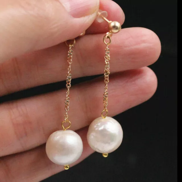 11-12mm South Sea White Baroque Pearl gold Earrings long earrings Freshwater