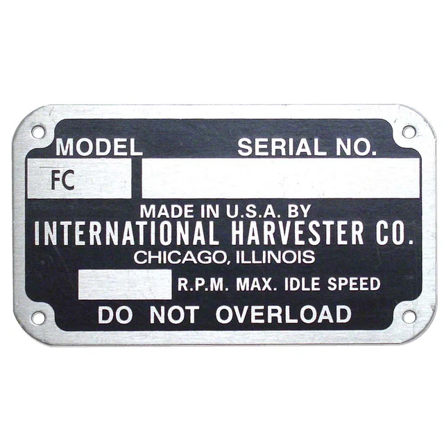 Serial Number Tag w/ Rivets -Fits  International C Tractor