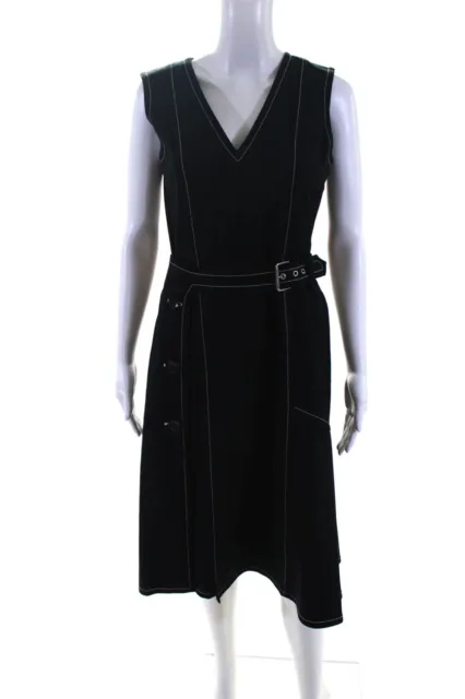 Derek Lam Women's Sleeveless V Neck Belted Midi Dress Black Size M