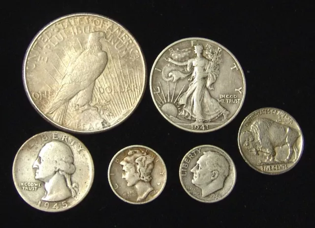 USA five old .900 silver coins, plus 1916 nickel.