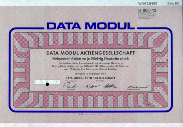 DATA MODUL AG, München, 1989 - Gründeraktie (100 Aktien je 50 DM = 5.000 DM)