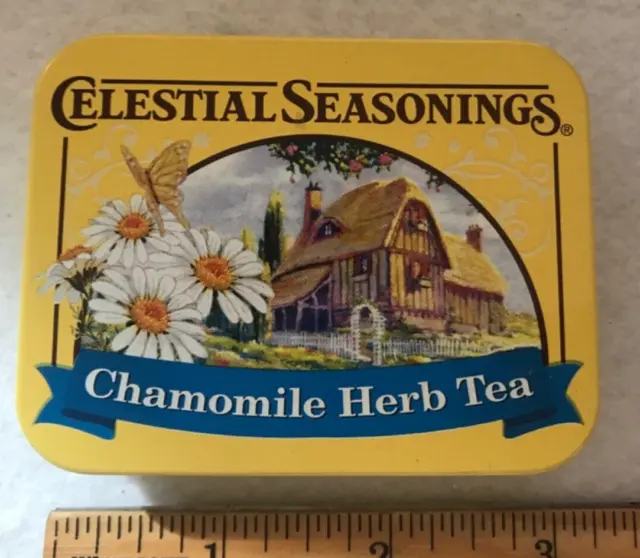 Celestial Seasonings chamomile tea mini tin hinged lid 3" x 2.5" x .75", 8 avail