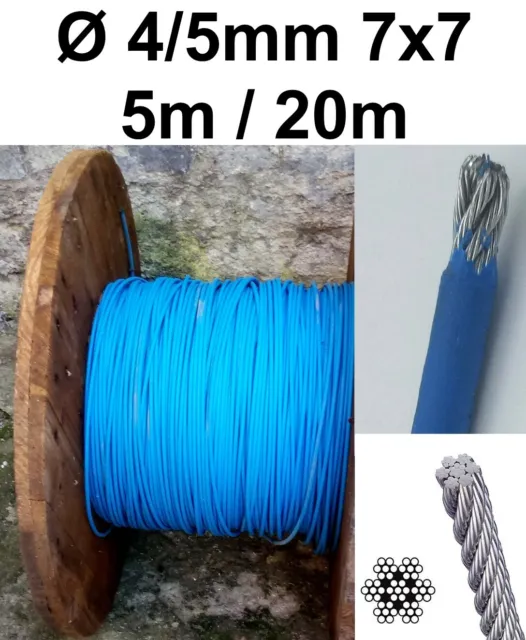 Corde en Acier PVC Bleu Couvert Câble Zingué Corde Cordes 4mm/5mm 7x7 Allemagne