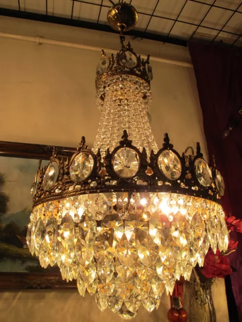 Antique French Basket Crystal Chandelier ,Vintage Brass Ceiling Pendant 1940'S
