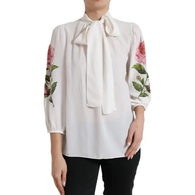 DOLCE & GABBANA Top Blouse White Floral Silk Ascot Collared IT44/US10/L 1120usd